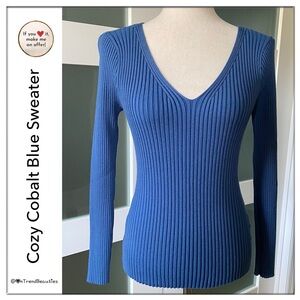 Cozy Everyday Wear Cobalt Blue Long Sleeve V-Neck Ribbed Knit Sweater